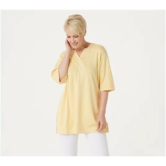 Denim & Co Womens Essential Knit Tunic Top XXS Yellow Split VNeck Oversized NWOT - Picture 1 of 6